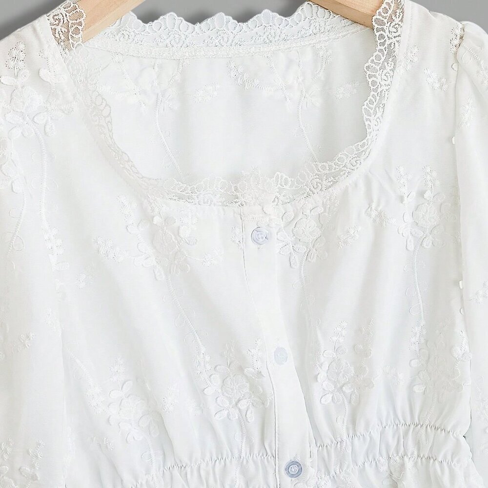 White Casual Women's Sheer Embroidered Lantern Sleeve Blouse - Picture 4 of 5
